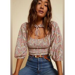 NATION LTD Abrielle Tee Superbloom Print, Smocked, Neck Tie, Pima Cotton, Sz S